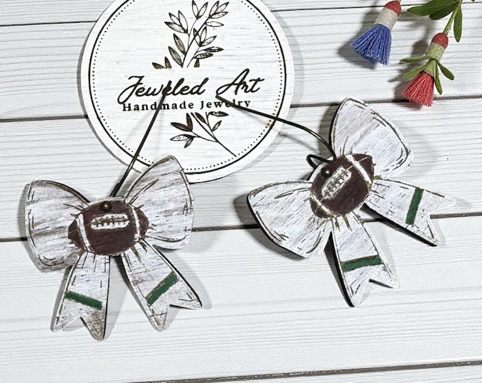 Hand-Painted Footballs and Bows Customizable Engraved Wood Earrings – Jeweled Art Handmade