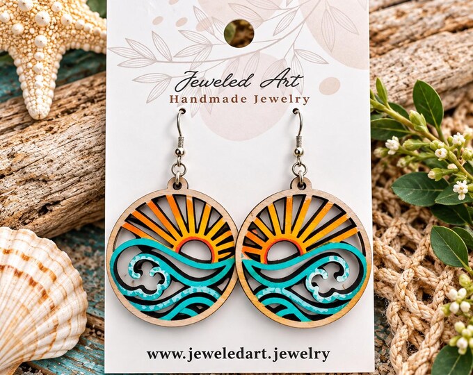 Ocean Sunset Wave Earrings – Hand-Painted Coastal Wood Earrings – Jeweled Art Handmade