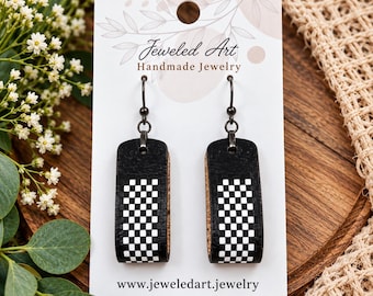 Black + White Checkerboard Curve Leather Loop Earrings