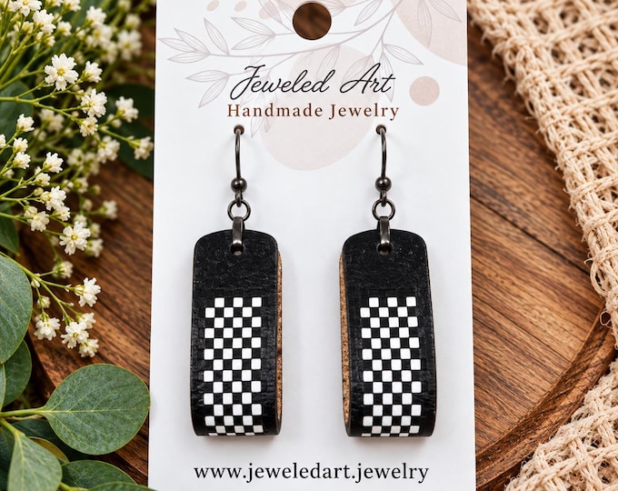 Black + White Checkerboard Curve Leather Loop Earrings