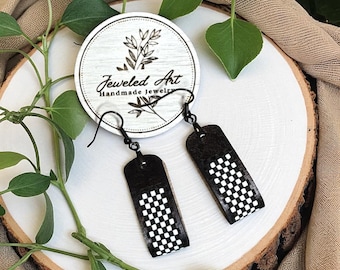 Hand-Painted Black + White Checkerboard Curve Leather Loop Earrings