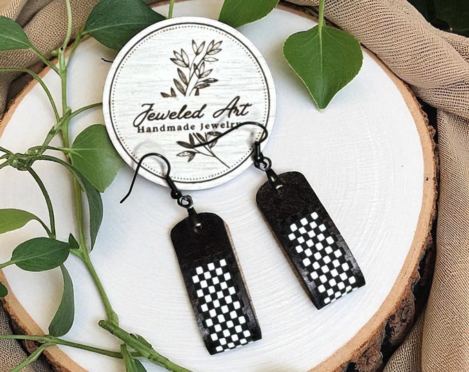 Hand-Painted Black + White Checkerboard Curve Leather Loop Earrings