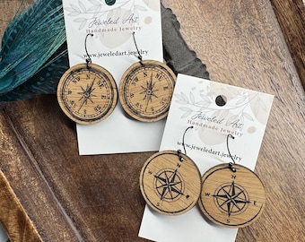 Compass Wood Earrings – Engraved Travel Dangles - 2 Styles