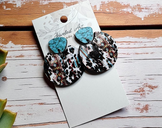 Turquoise Cowhide Round Wood Earrings – Western Boho