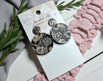 Hand-Painted Midnight Bloom Round Wood Earrings