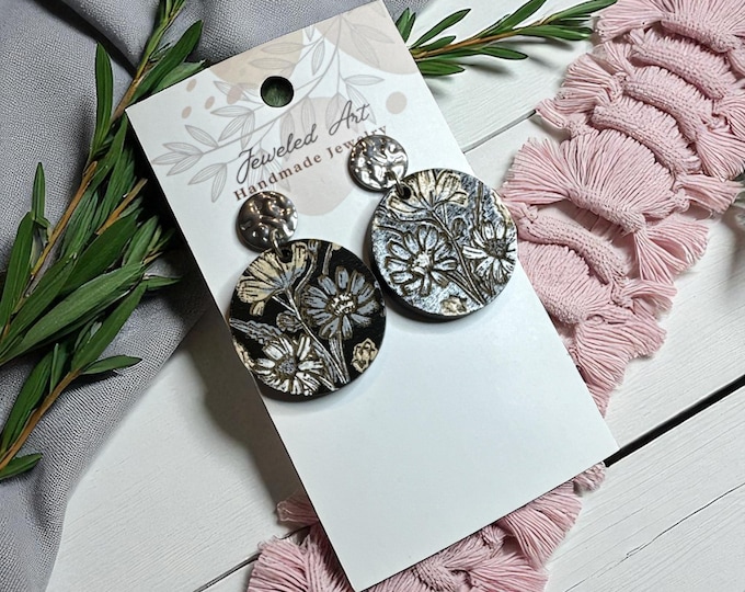 Hand-Painted Midnight Bloom Round Wood Earrings