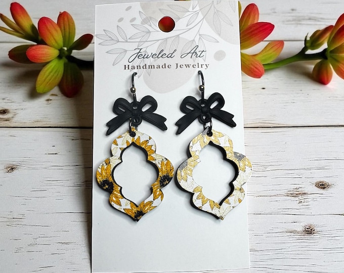 Hand-Crafted Sunflower Black Bow Drop Wood Earrings