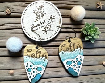 Hand-Painted Salty Ocean Wave Layered Wood Earrings