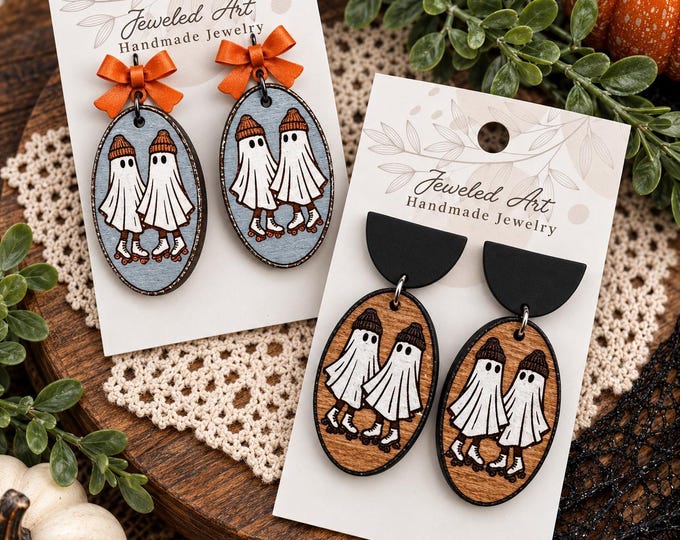 Hand-Painted Ghosts on Roller Skates Wood Engraved Earrings 2 Styles – Spooky Season