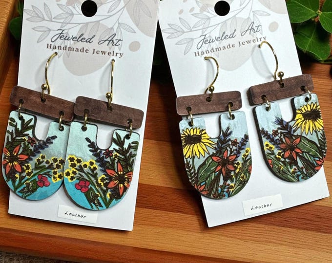 Hand-Painted Wildflower Meadow Leather Earrings