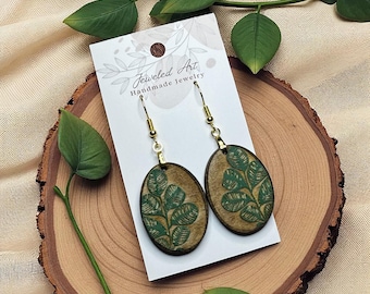 Hand-Painted Verdant Leaf Oval Wood Earrings
