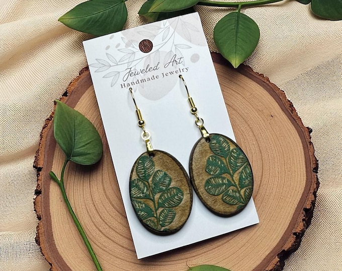 Hand-Painted Verdant Leaf Oval Wood Earrings
