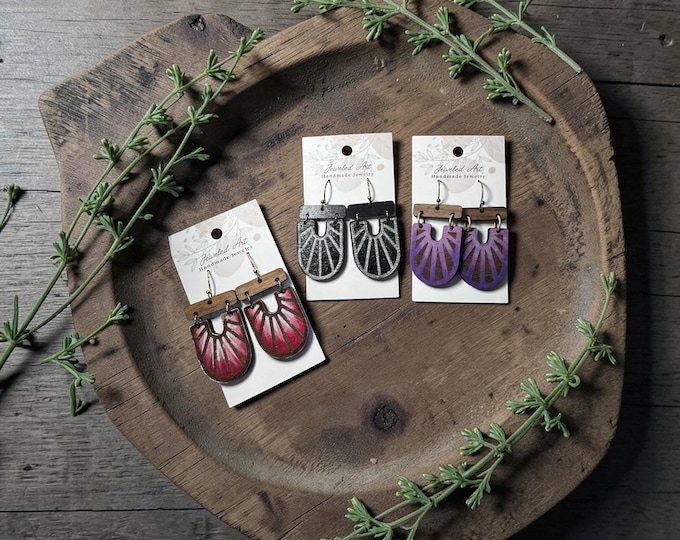 Modern Arch Fan Engraved Wood Earrings - 3 Style Colors