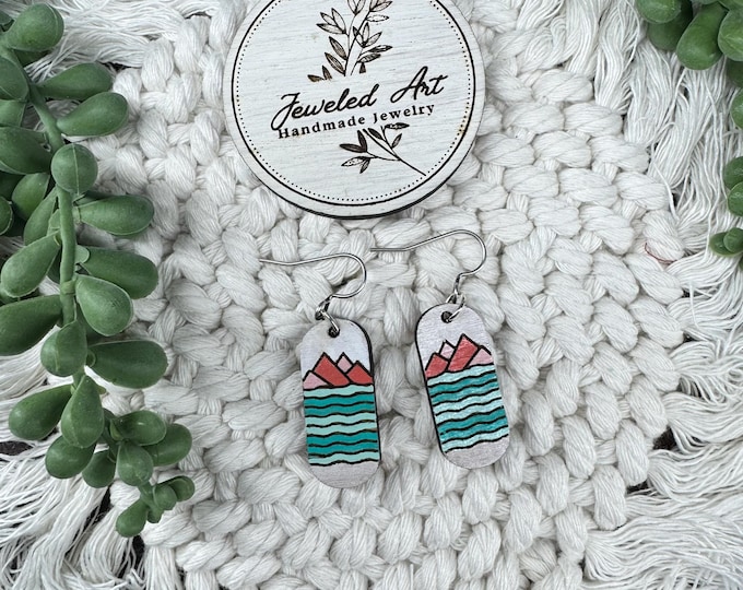 Mountain Lake Landscape Earrings – Hand-Painted Wood