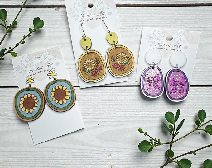 Hand-Painted Spring Bow Floral Engraved Wood Earrings - 3 Styles - Valentine's Day