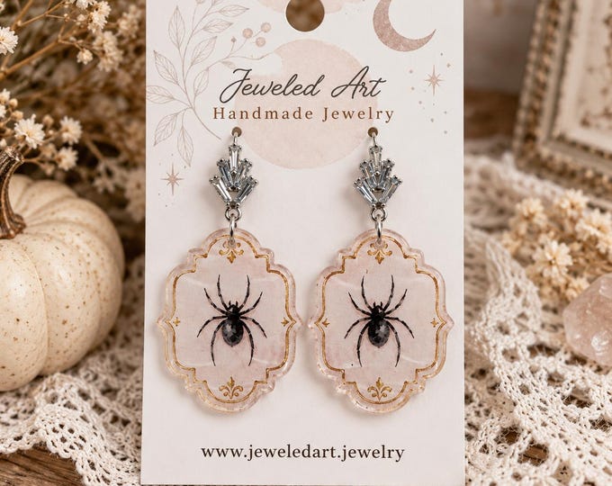 Victorian Black Widow Spider Acrylic Earrings with Cubic Zirconia Stud Toppers