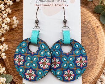 Hand-Painted Moroccan Tile Inspired Engraved Wood Earrings
