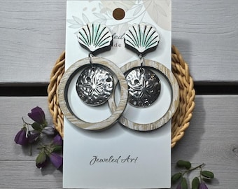 Hand-Painted Sand Dollar Shell and Hoop Dangle Wood Earrings – Coastal Chic