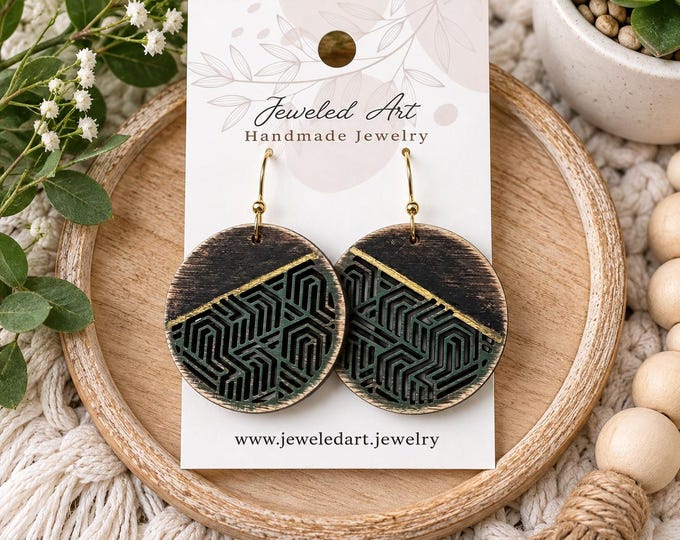 Modern Geometric Wood Statement Earrings - Hand-Painted