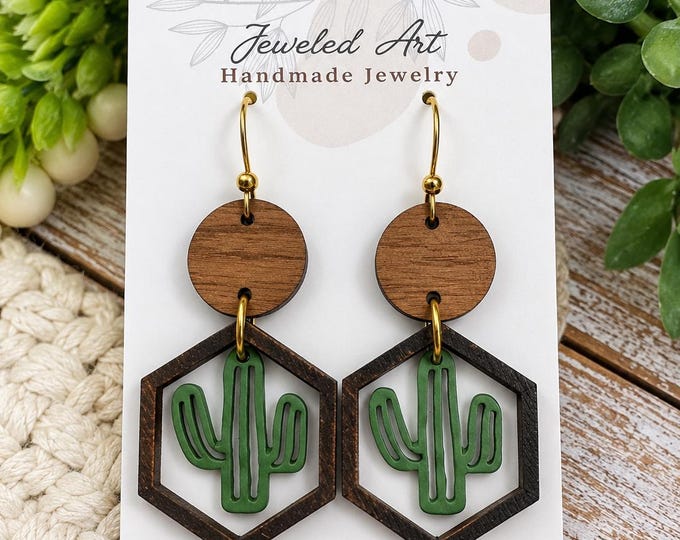 Southwestern Cactus Hexagon Earrings – Wood & Acrylic Statement Earrings – Jeweled Art