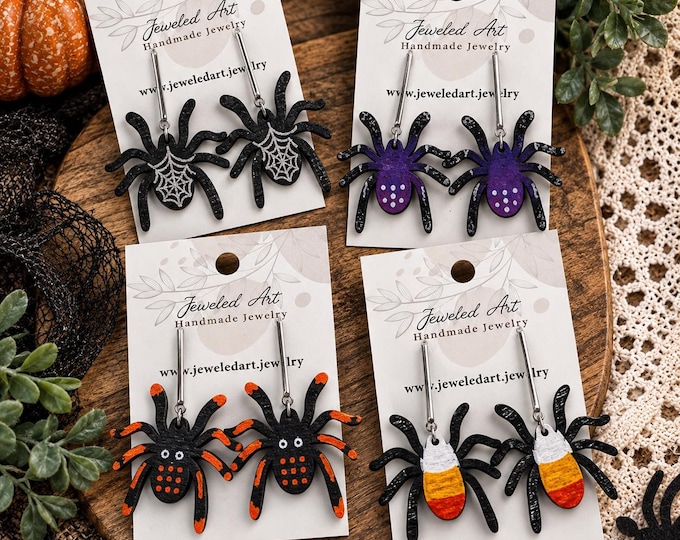 Hand-Painted Spider Earrings – Hand-Painted Wooden Halloween Statement Earrings - 4 Styles