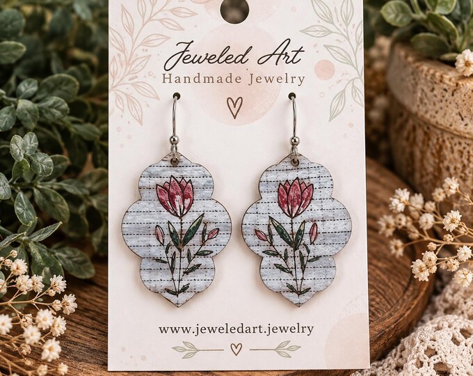 Hand-Painted Vintage Pink Tulip Wood Earrings – Hand-Painted Floral Statement Earrings