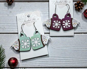 Hand-Painted Winter Mug Hot Cocoa Wood Engraved Earrings – Jeweled Art Handmade
