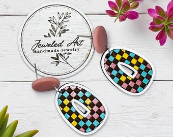 Hand-Painted Retro Checkered Oval Wood Earrings - Retro Pop