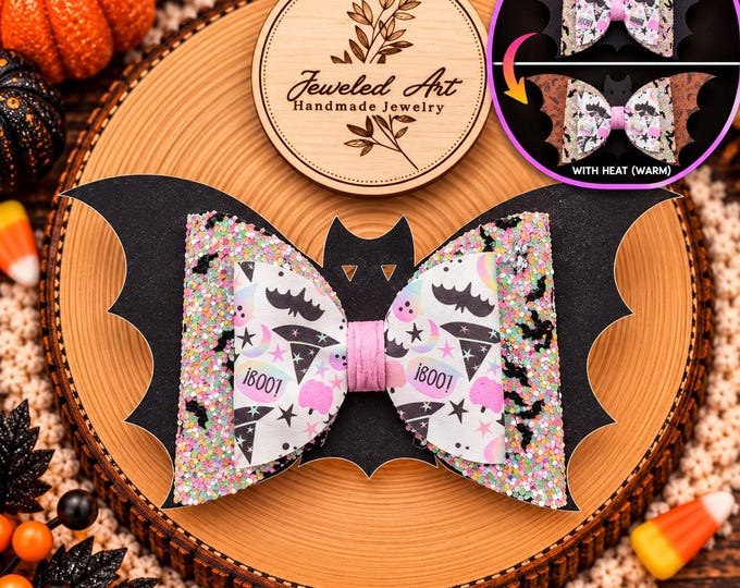 Color Changing Halloween Bat Hair Bow – Pink Spooky Faux Leather Bow