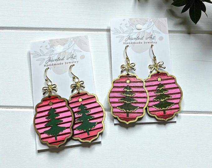 Hand-Painted Pink Tree Ornament Wooden Earrings