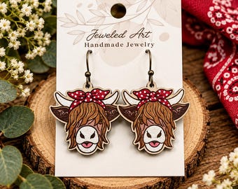 Hand-Painted Highland Cow Wood Earrings – Farmhouse Bow Dangle Jewelry