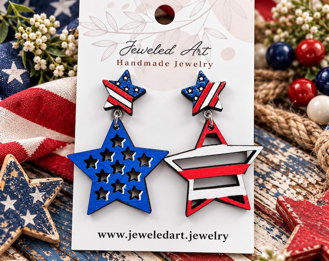 Patriotic Star Earrings – Hand-Painted Wood – Jeweled Art Handmade