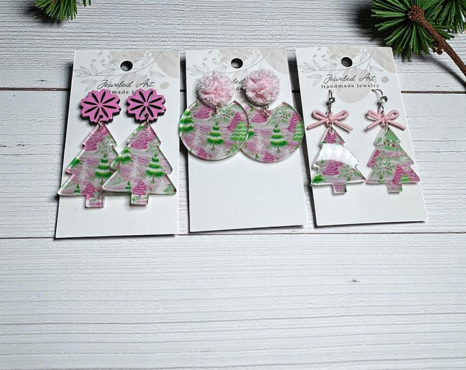 Hand-Crafted Pink & Green Acrylic Christmas Tree Earrings
