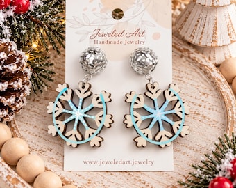 Hand-Painted Snowflake Drop Wood Earrings