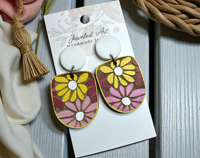 Hand-Painted Scattered Daisies Wood Earrings