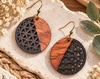 Geometric Wood Earrings, Black and Red Wood Dangle Earrings