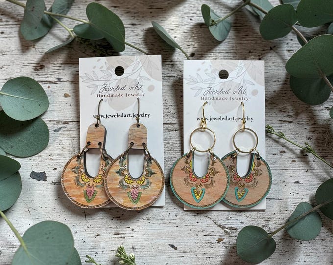 Boho Desert Sunrise Wood Dangle Earrings - Southwestern