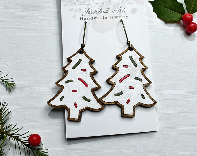 Hand-Painted Sugar Cookie Christmas Tree Engraved Wood Earrings
