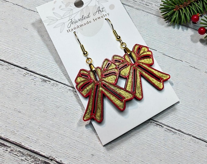Hand-Painted Gold and Red Holiday Big Bow Wood Earrings