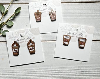 Hand-Painted Coffee House Barista Engraved Wood Stud Earrings - 3 Styles