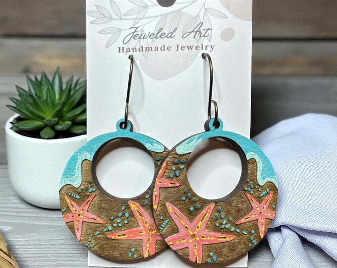 Hand-Painted Starfish Shore Hoop Wood Earrings