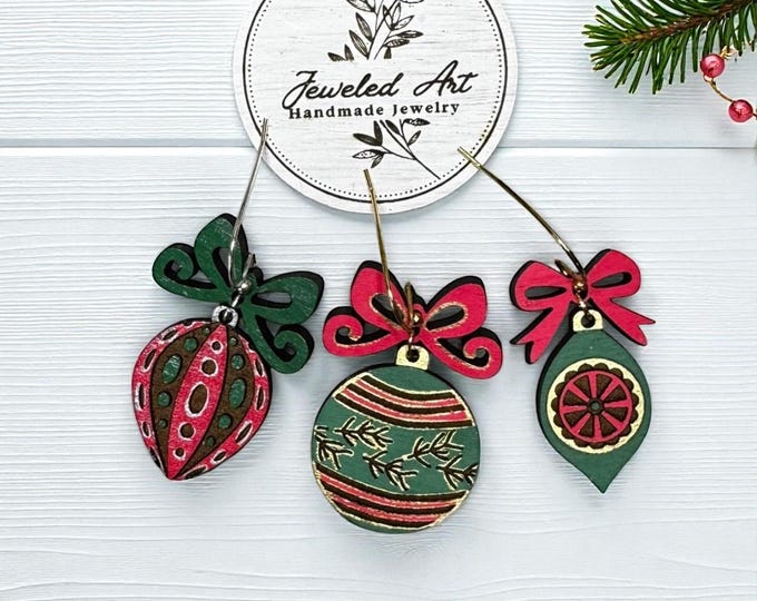 Hand-Painted Christmas Ornament Wood Engraved Earring
