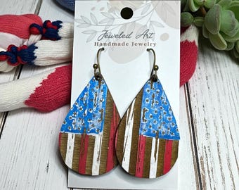 Hand-Painted Rustic Flag Teardrop Wood Earrings – Americana