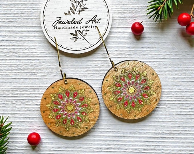 Hand-Painted Holiday Mandala Wooden Earrings – Jeweled Art Handmade