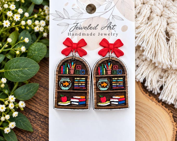 Teacher Bookshelf Earrings with Red Bow Accent