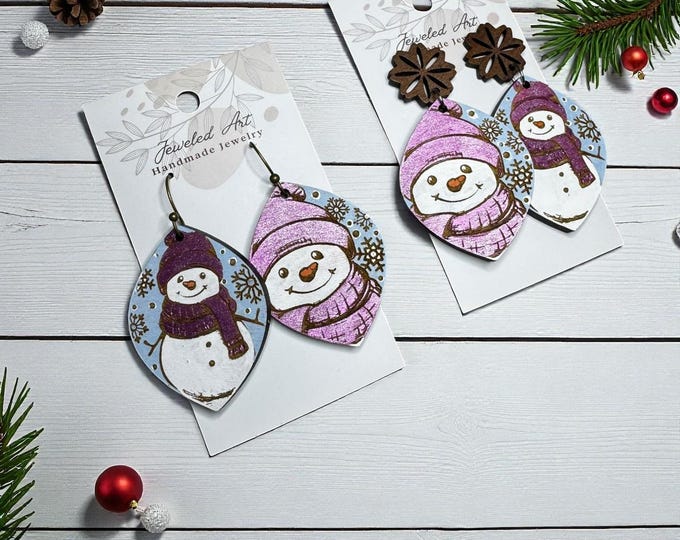 Hand-Painted Chubby Snowman Engraved Wood Earrings