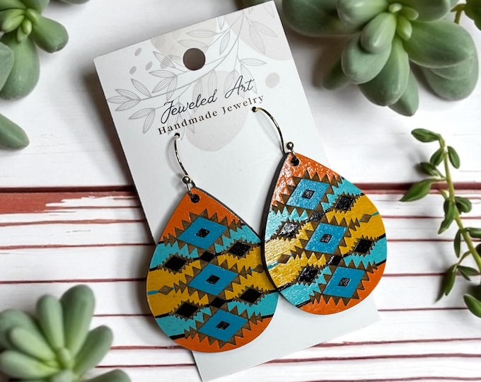 Hand-Painted Southwestern Boho Teardrop Wood Earrings
