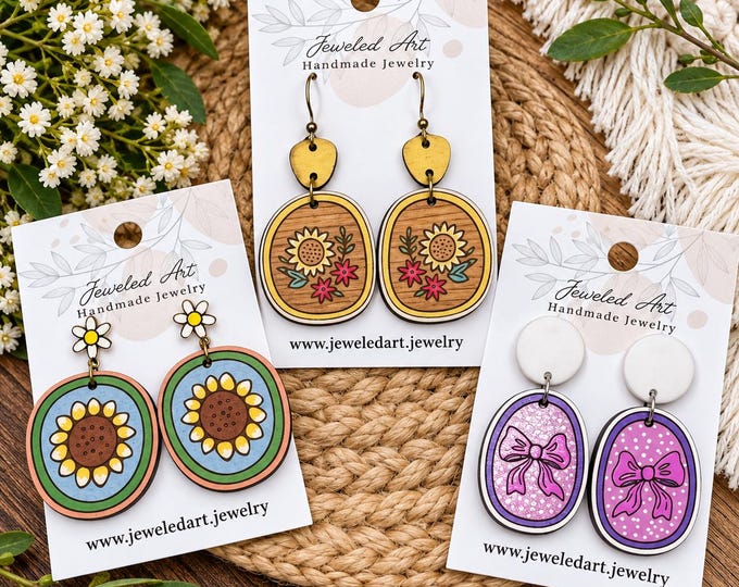 Hand-Painted Spring Bow Floral Engraved Wood Earrings - 3 Styles