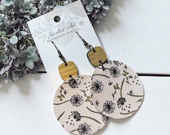 Hand-Crafted Dandelion Faux Leather and Wood Earrings