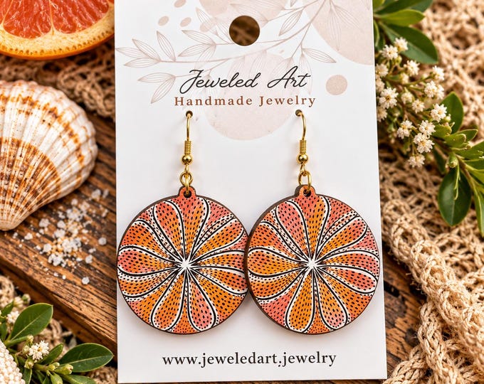Hand-Painted Sand Dollar Earrings – Coastal Wood Statement Earrings – Jeweled Art Handmade
